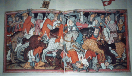 Zeitgenössische Darstellung einer Ritterschlacht (Schlacht von Mühldorf 1322)