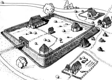 Viereckschanze Vinida (Rekonstruktionsversuch mit Teil der keltischen Dorfsiedlung)